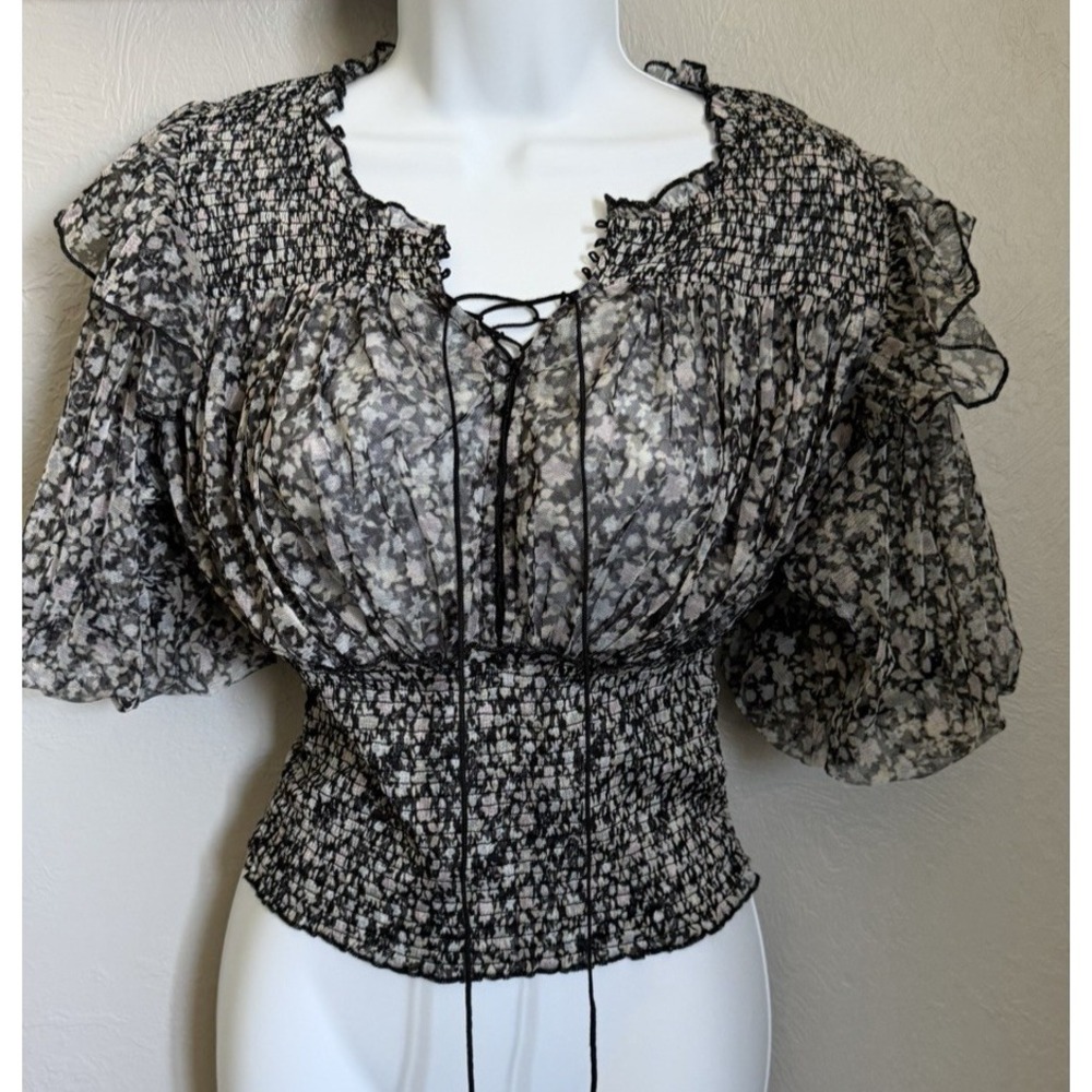 Free People Beatrice Ruffle Blouse Top Womens Small Floral Printed Cropped‎ NEW!